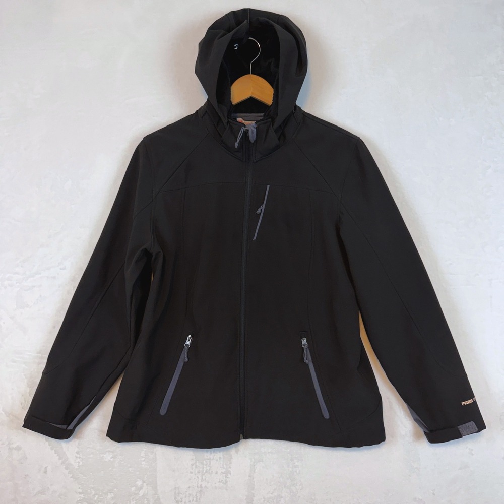 Free Country Black Softshell Hooded Jacket‎ Women's XL Faux Fur Lined Zip Front